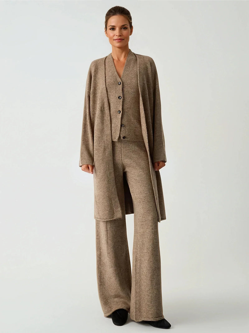 Ensemble trois pièces cardigan long et pantalon de loisirs