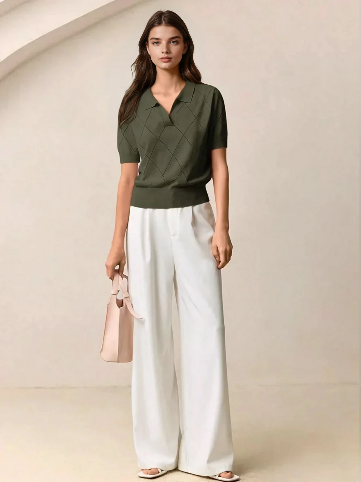 Diamond Knit Polo Collar Short Sleeve Pullover Soft Casual