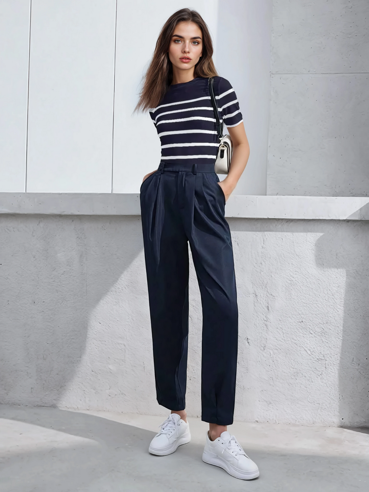 Haut ajusté à rayures et col montant, style chic et prêt pour le bureau