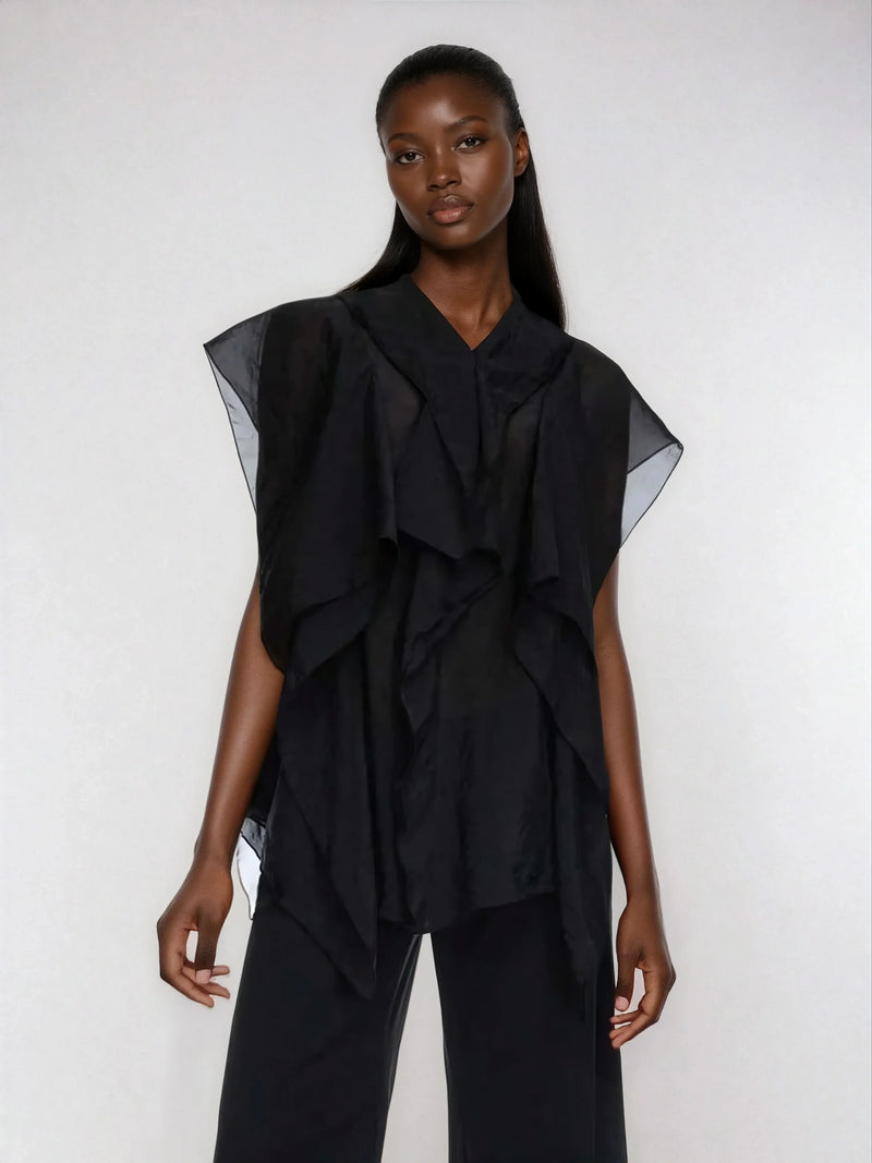 Ruffle Trim Boho Mesh Patchwork Blouse Button Front Casual