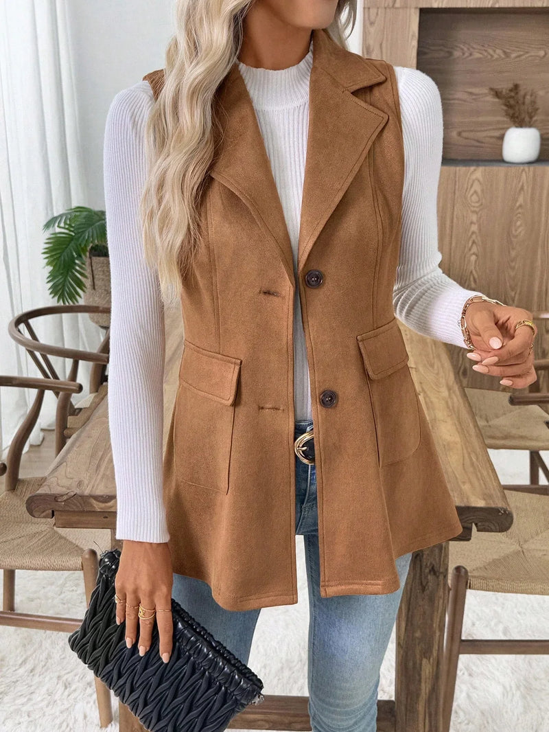 Blazer sans manches à col à revers, coupe slim avec poches