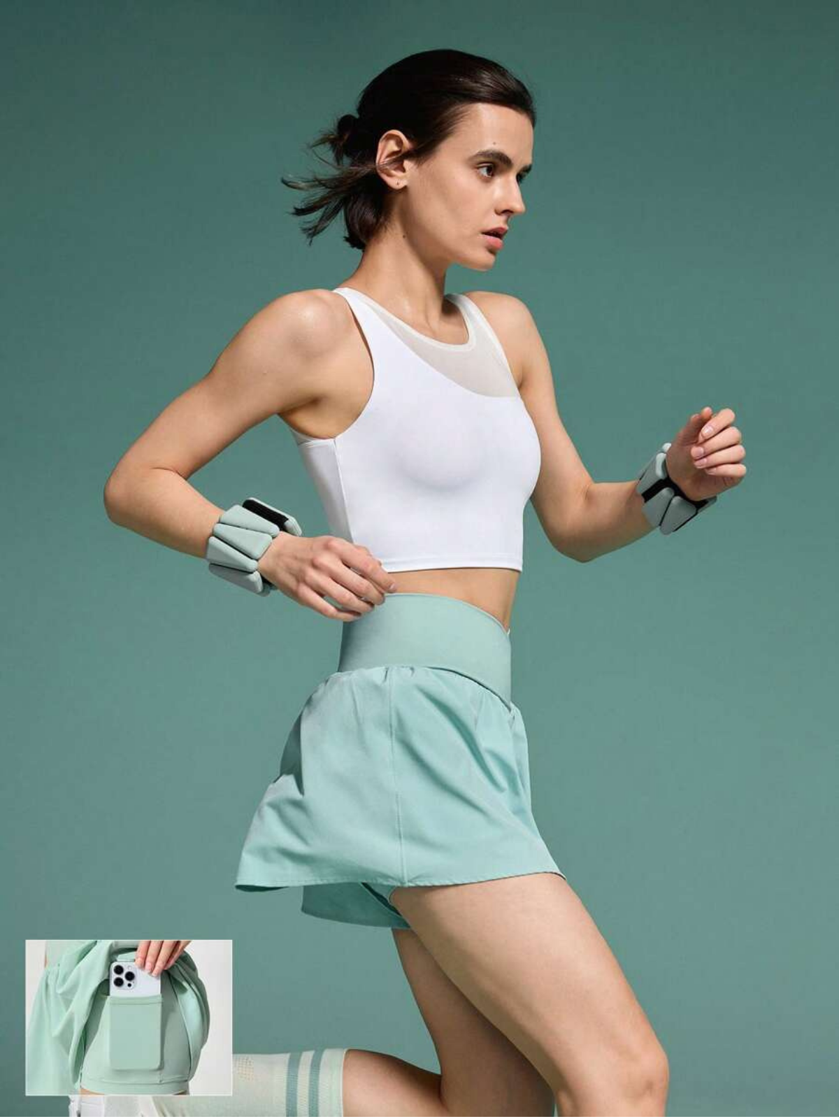 Short de course anti-transpiration, taille mi-haute, poches, séchage rapide