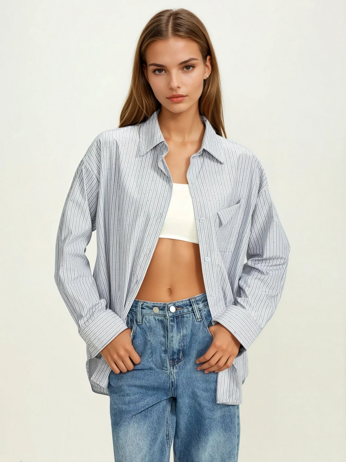 Rhinestone Dot Pinstripe Long Sleeves Pocket Shirt - LA FEMME WANDERER