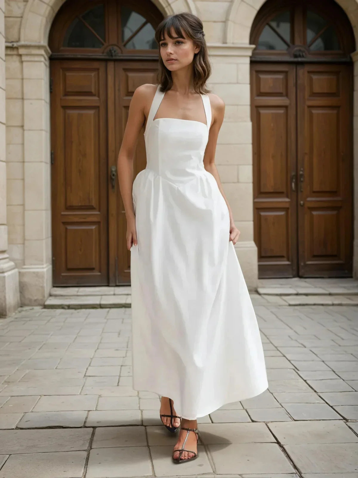 Simple and Chic Cotton & Linen Halter A Line Long Dress - LA FEMME WANDERER