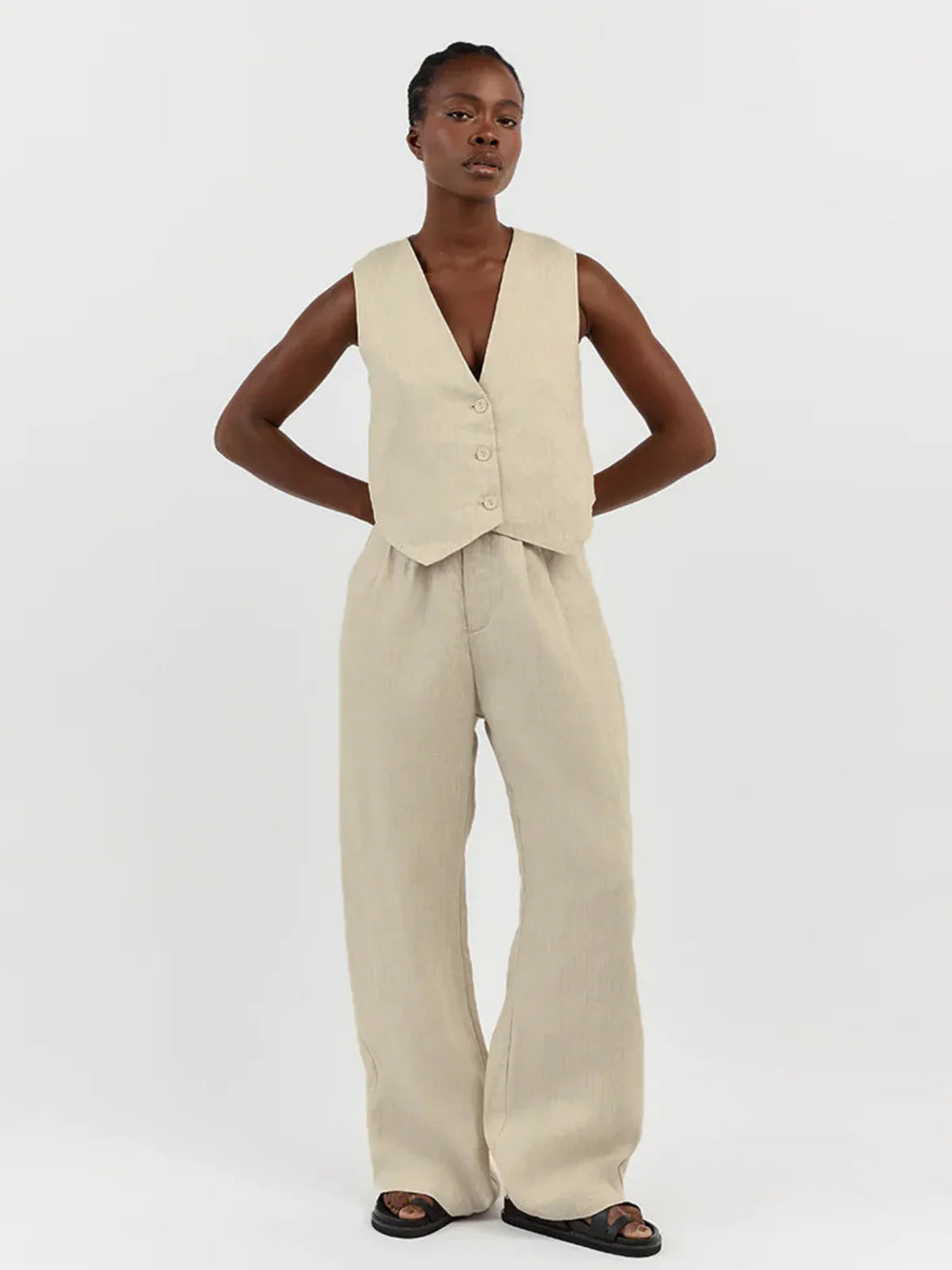 Casual Style Linen Vest & Trousers Set - LA FEMME WANDERER