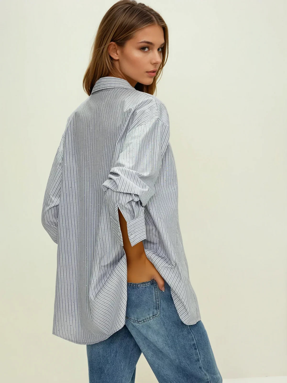 Rhinestone Dot Pinstripe Long Sleeves Pocket Shirt - LA FEMME WANDERER