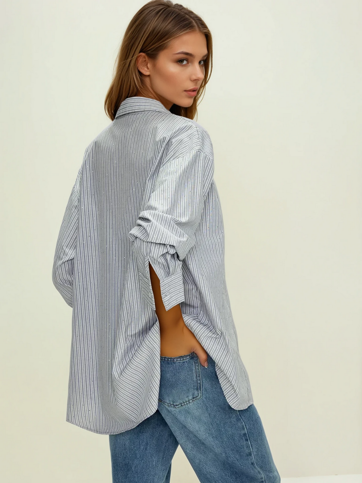 Rhinestone Dot Pinstripe Long Sleeves Pocket Shirt - LA FEMME WANDERER