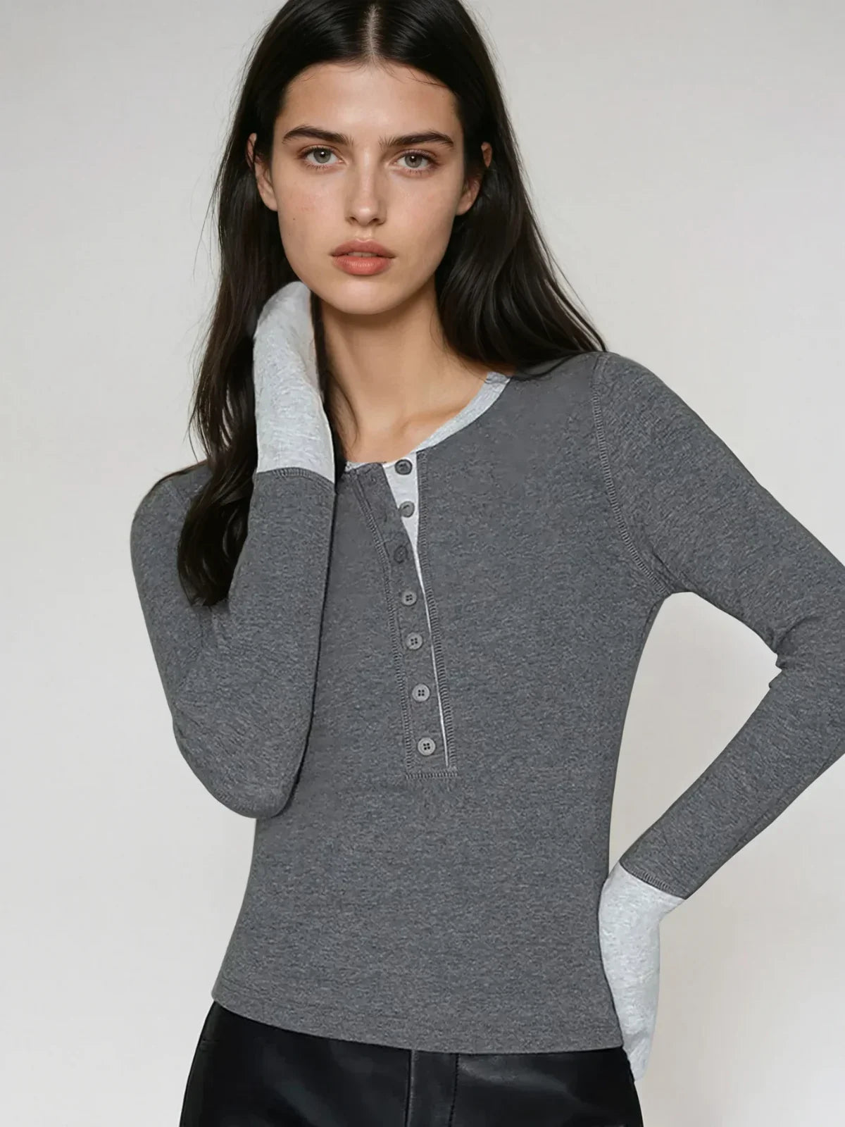 Modern Classic Contrast Cuff Henley - LA FEMME WANDERER