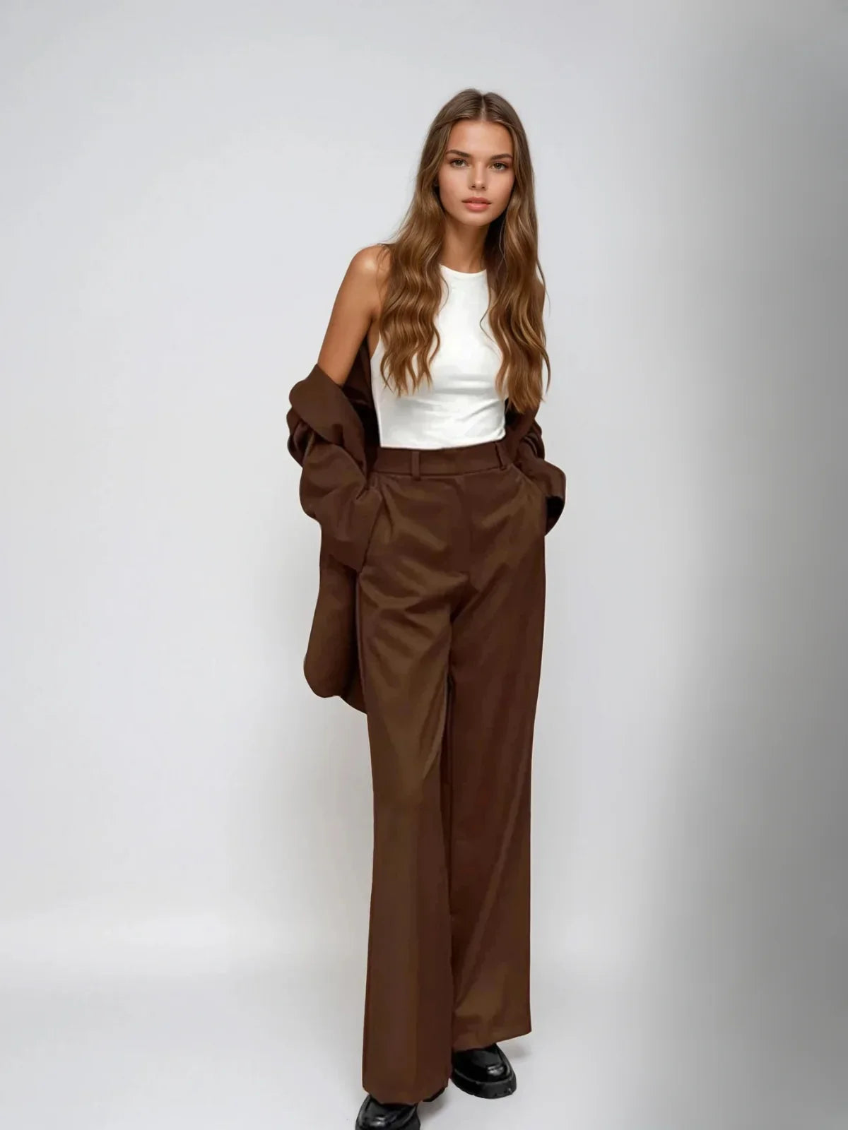 Mocha Vintage Blazer & Wide-leg Pants Matching Set - LA FEMME WANDERER