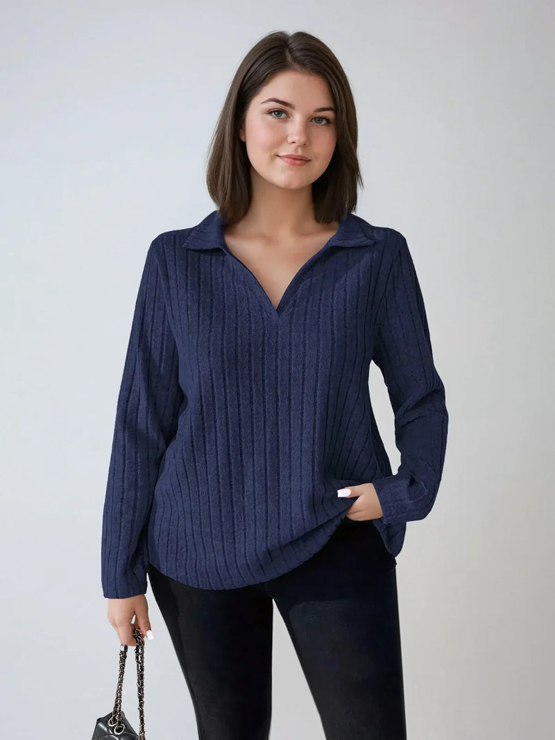 Plus Size Ribbed Turndown Collar Long Sleeve Tee Casual