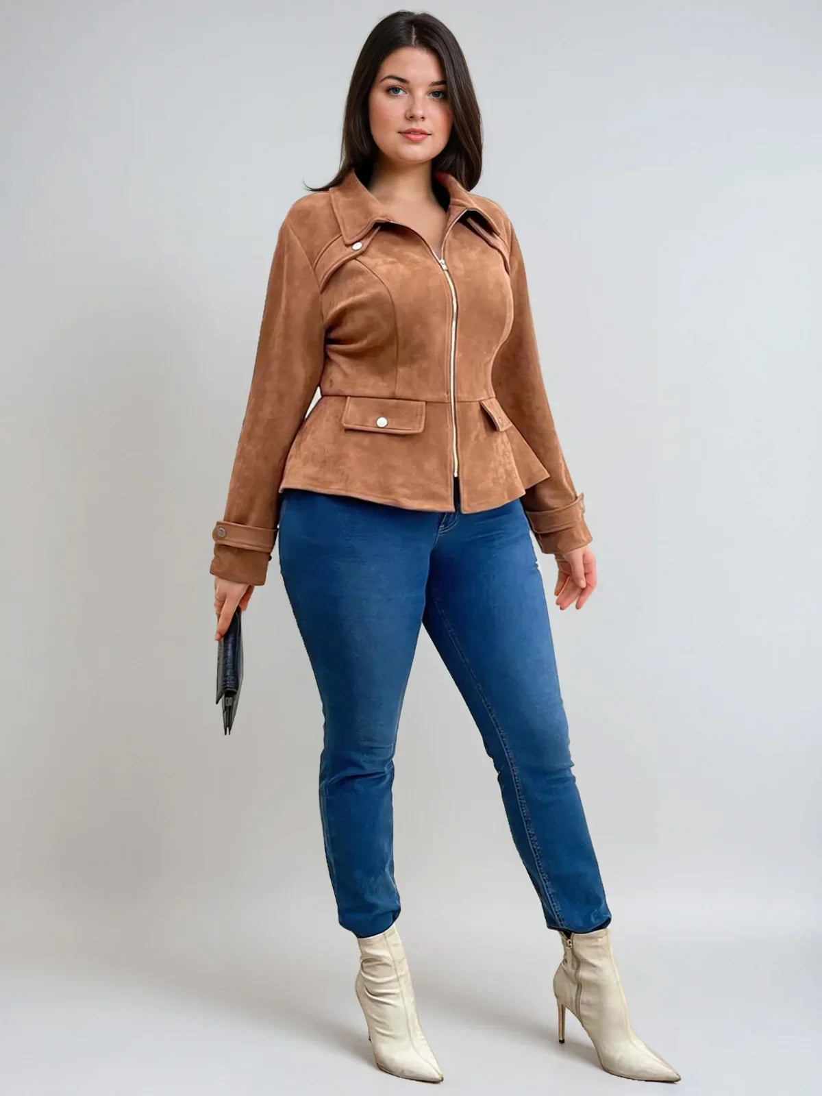 Plus Size Waisted Burgundy Casual Jacket With Front Zipper - LA FEMME WANDERER