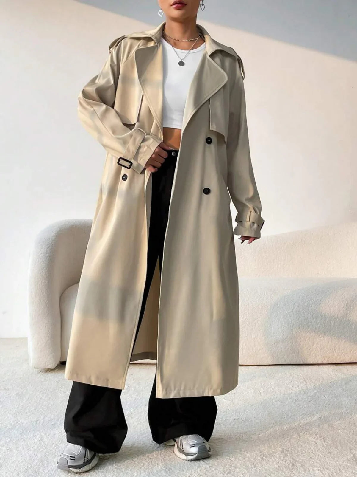 Elegant Long Solid Color Trench Coat - LA FEMME WANDERER