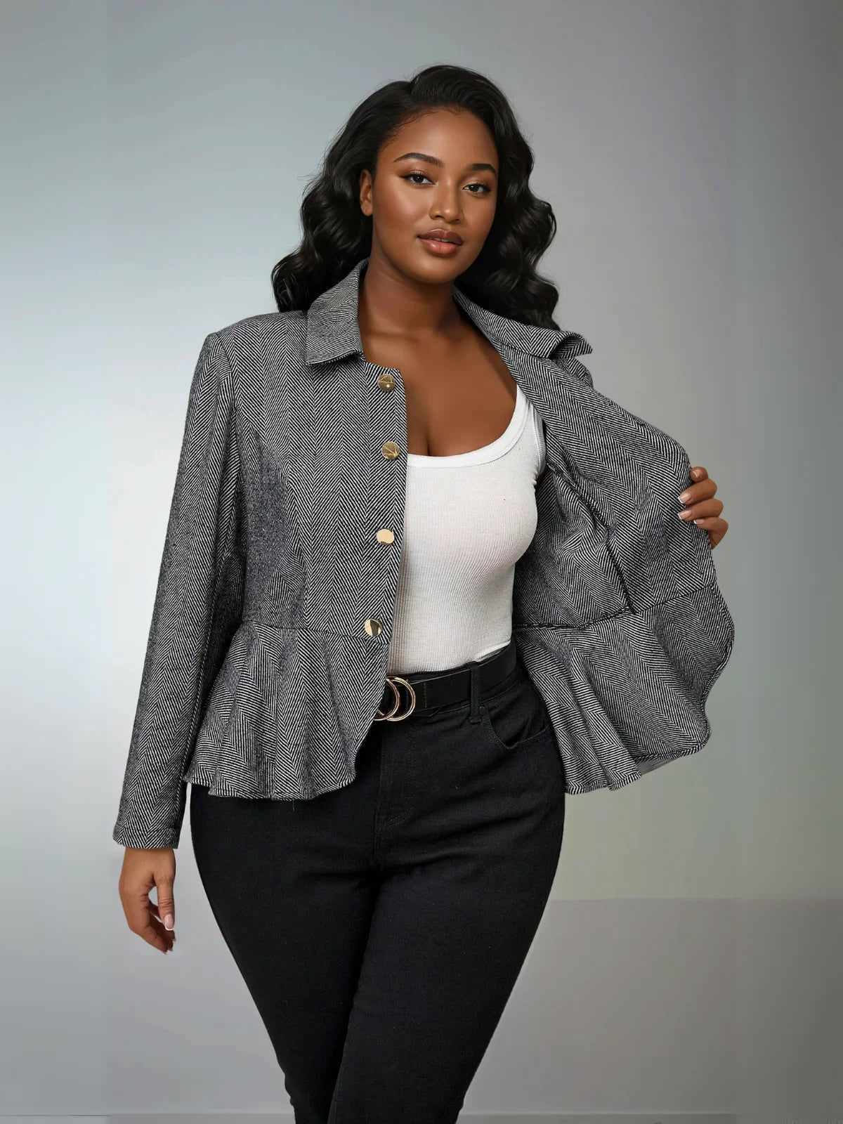 Plus Size Herringbone Jacket Open Front Lined Warmth - LA FEMME WANDERER