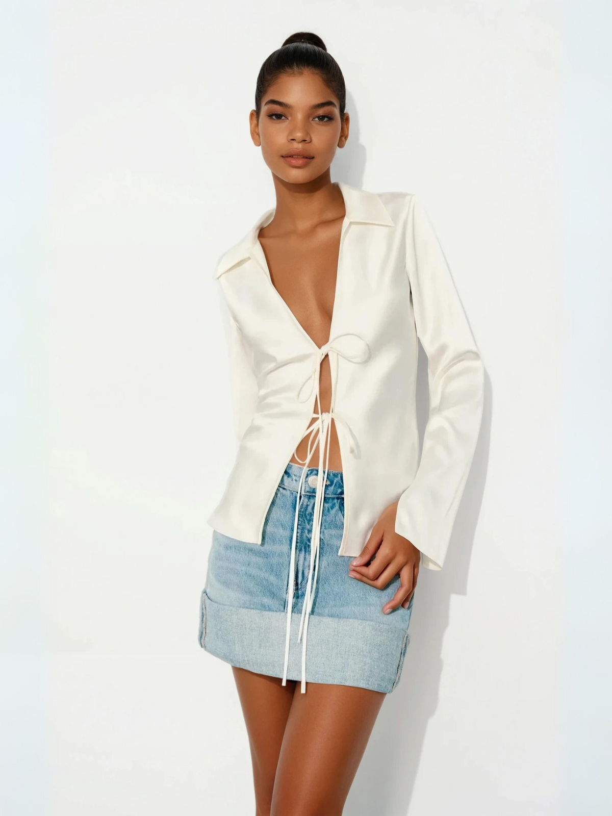 Ivory Charm Front-Tie Shirt - LA FEMME WANDERER