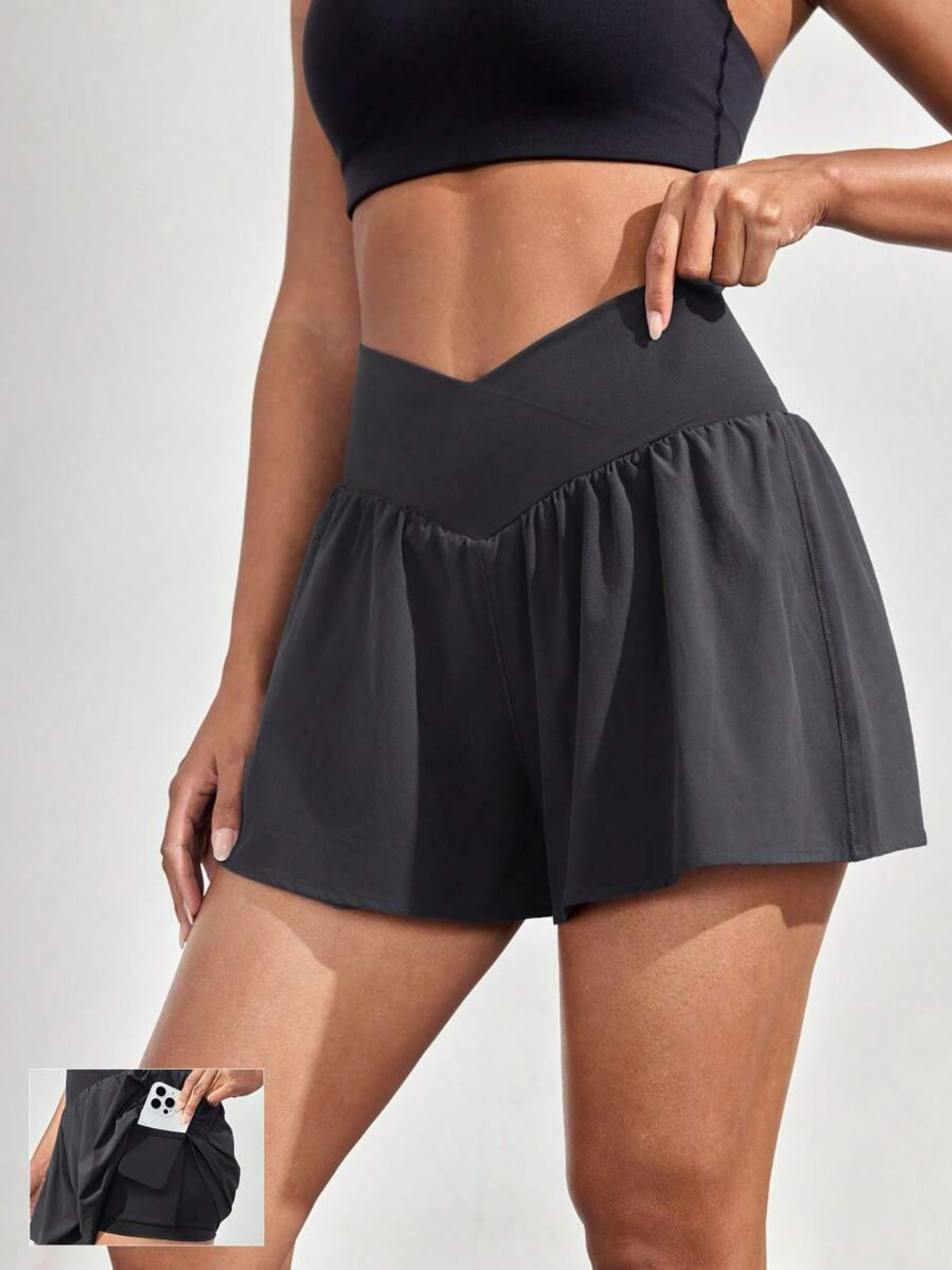 Short de course anti-transpiration, taille mi-haute, poches, séchage rapide