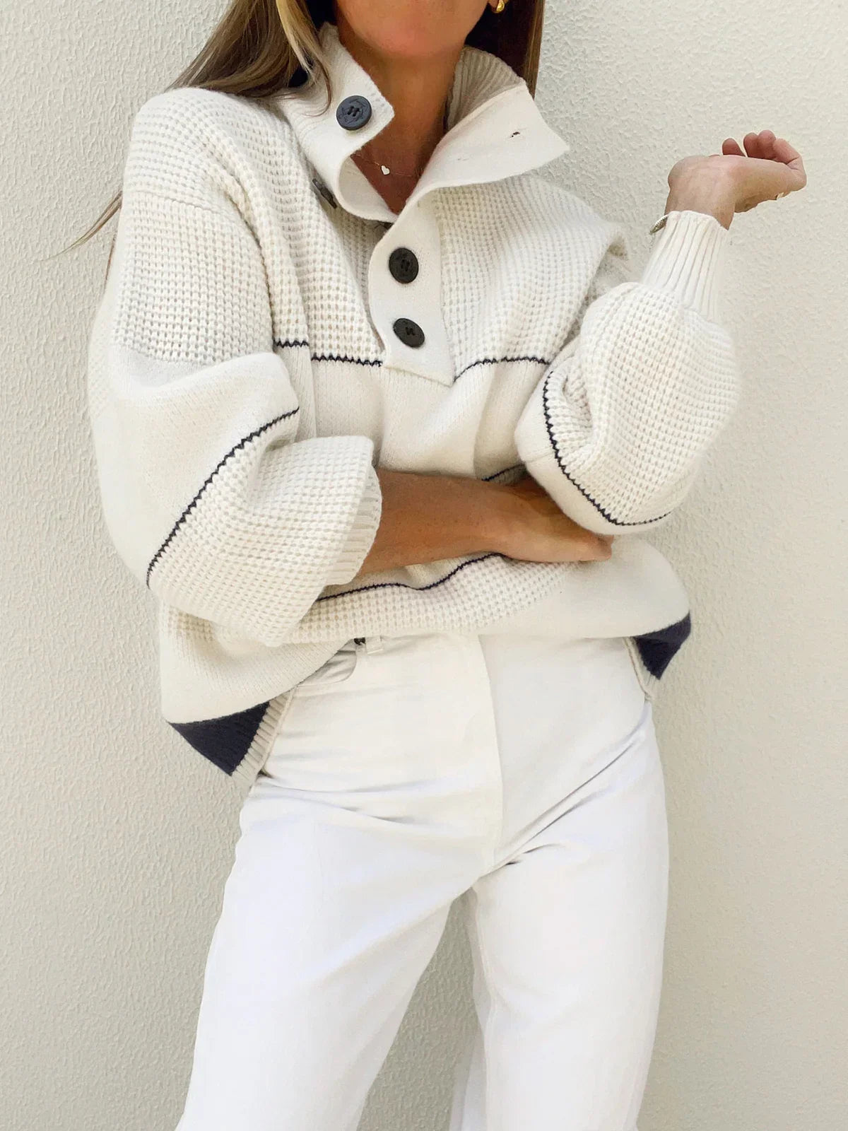 Open Collar Button Up Sweater - LA FEMME WANDERER