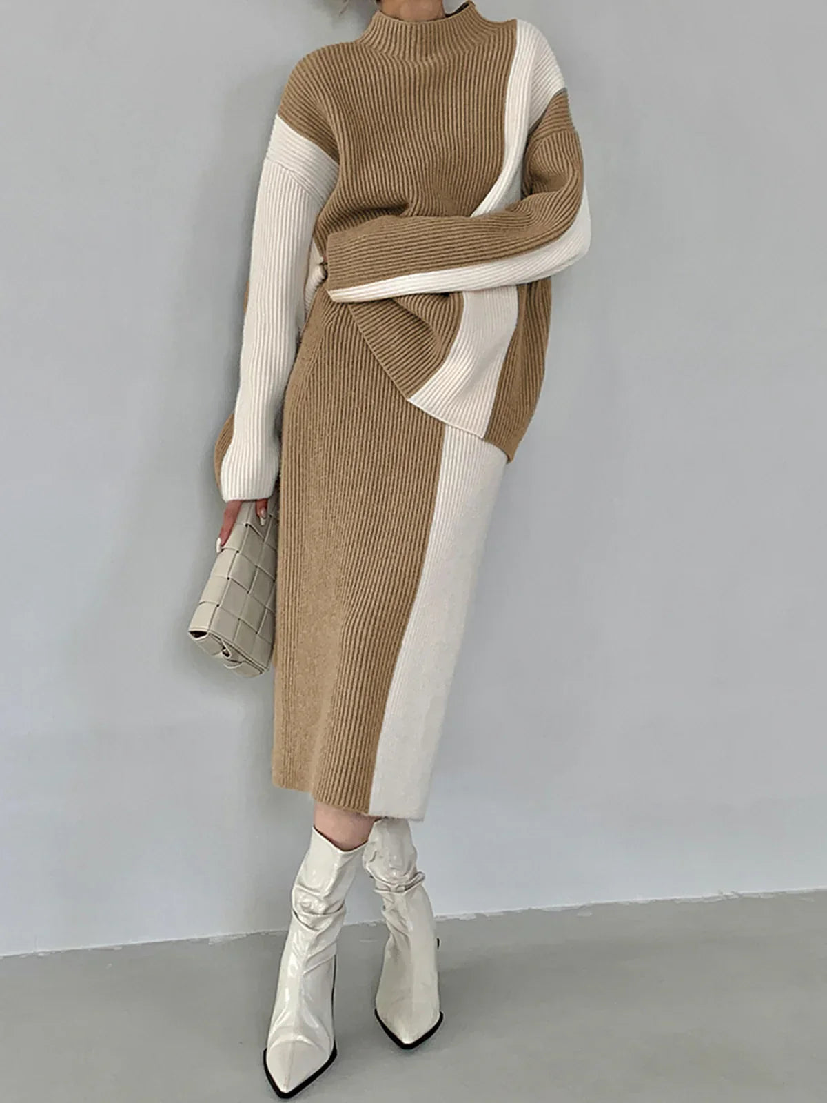 Stripe Two Piece Knit Skirt Matching Set - LA FEMME WANDERER