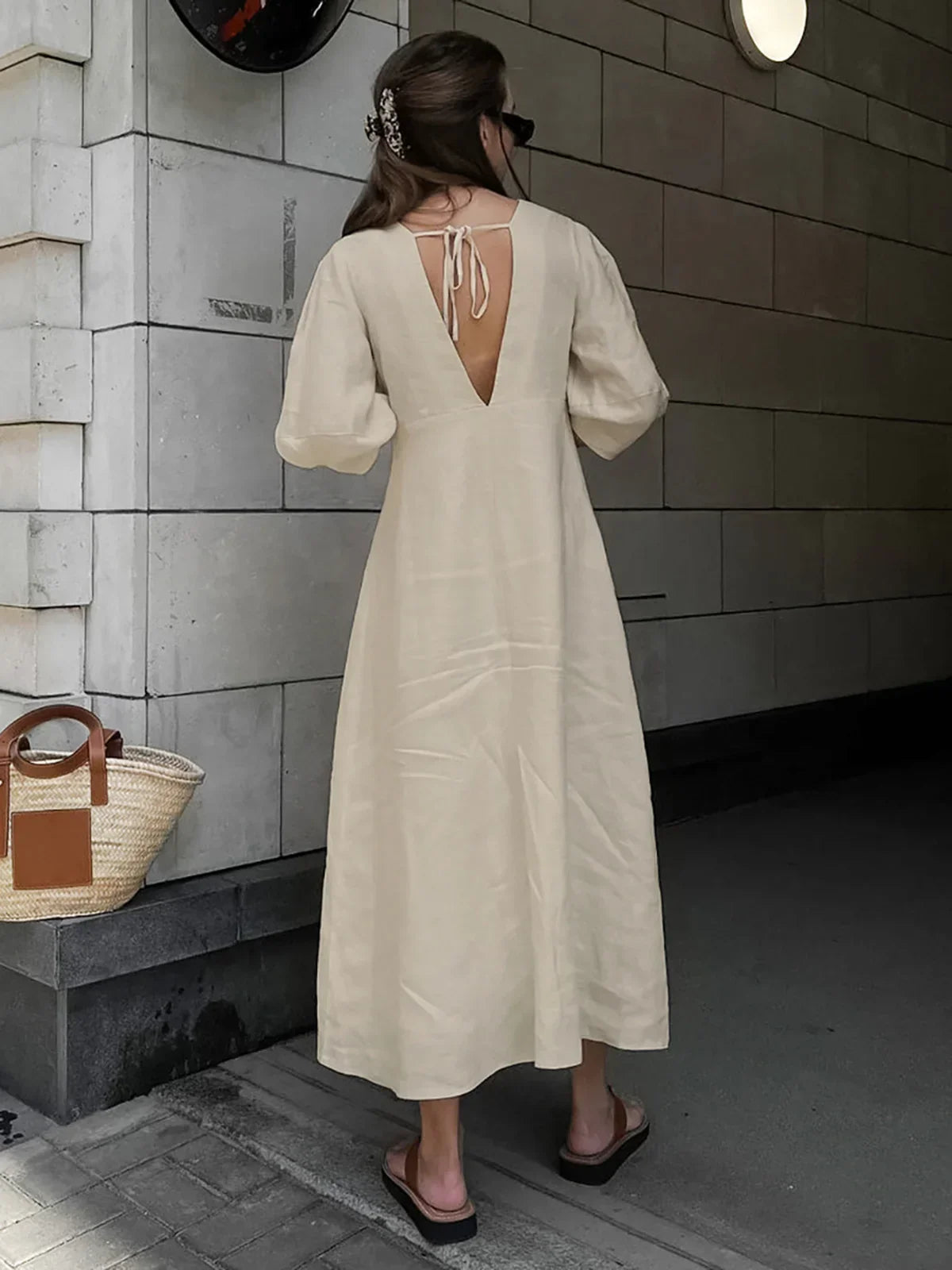 Cotton & Linen Button-Front Knotted Long Dress - LA FEMME WANDERER