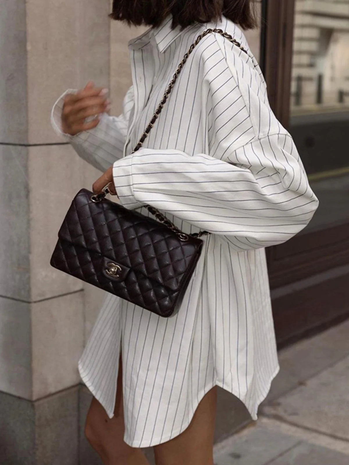 Striped Large Pockets Long Sleeve Shirt - LA FEMME WANDERER