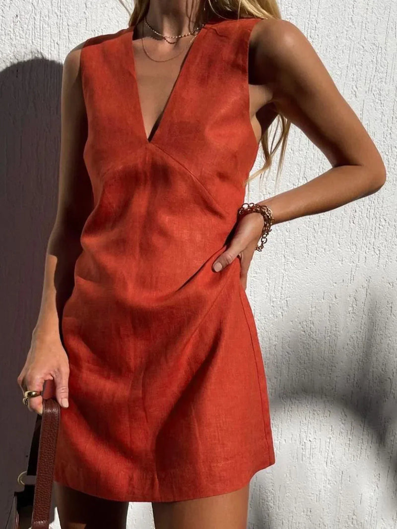Robe courte à col en V en coton et lin Always Casual