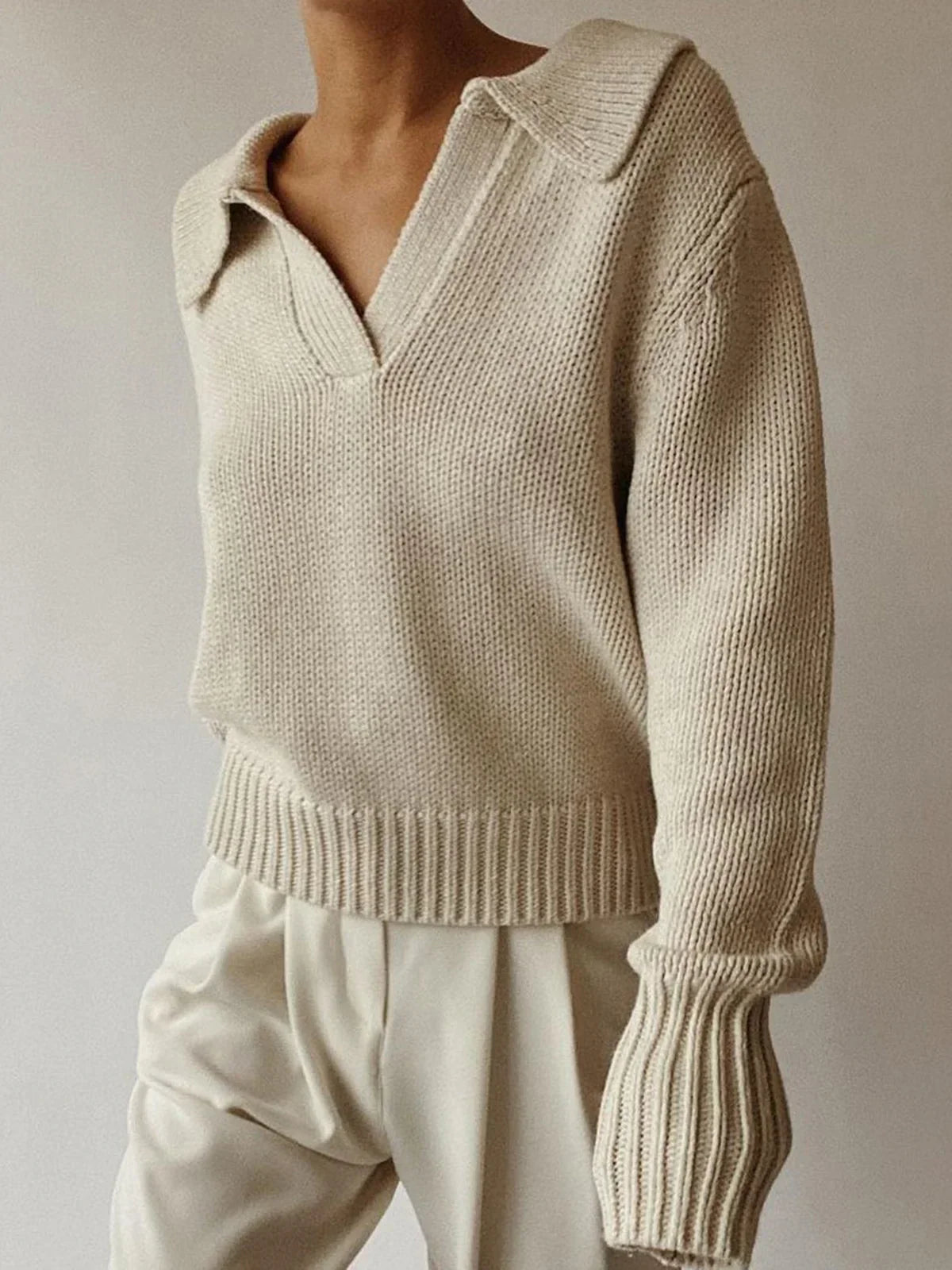 Lapel Ribbed Pullover Sweater - LA FEMME WANDERER