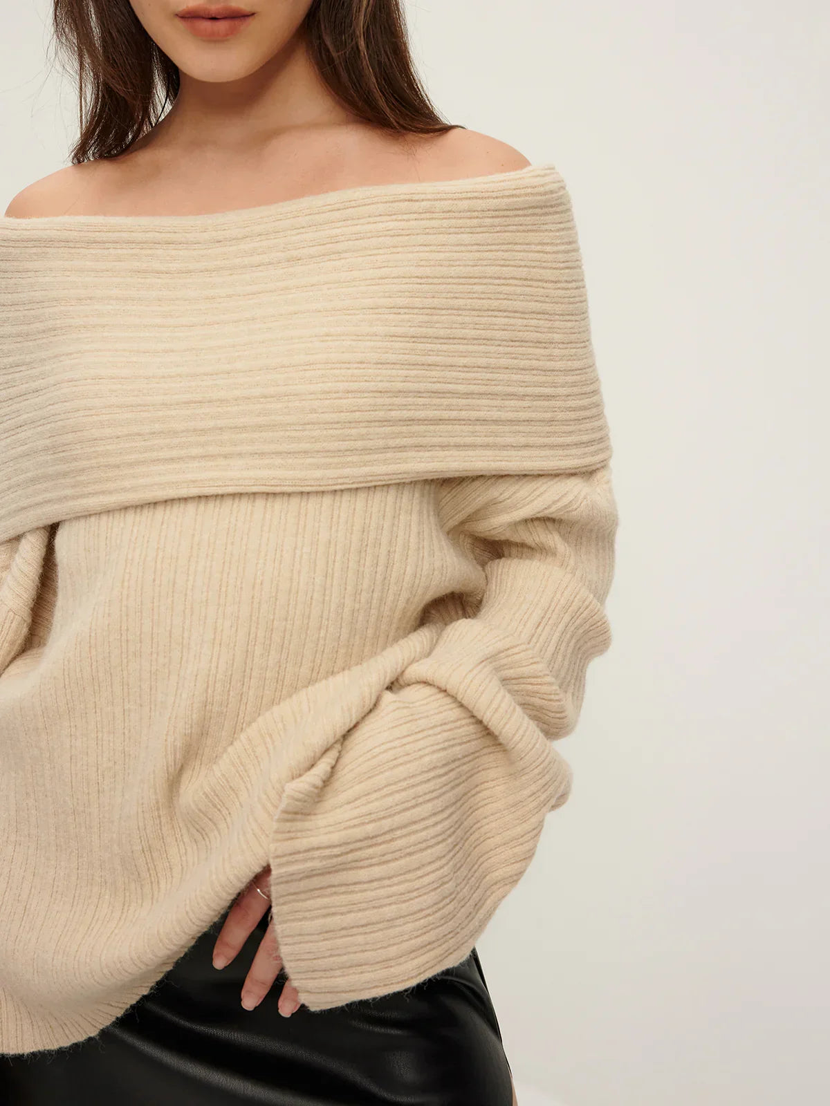 Ribbed Off Shoulder Loose Sweater - LA FEMME WANDERER