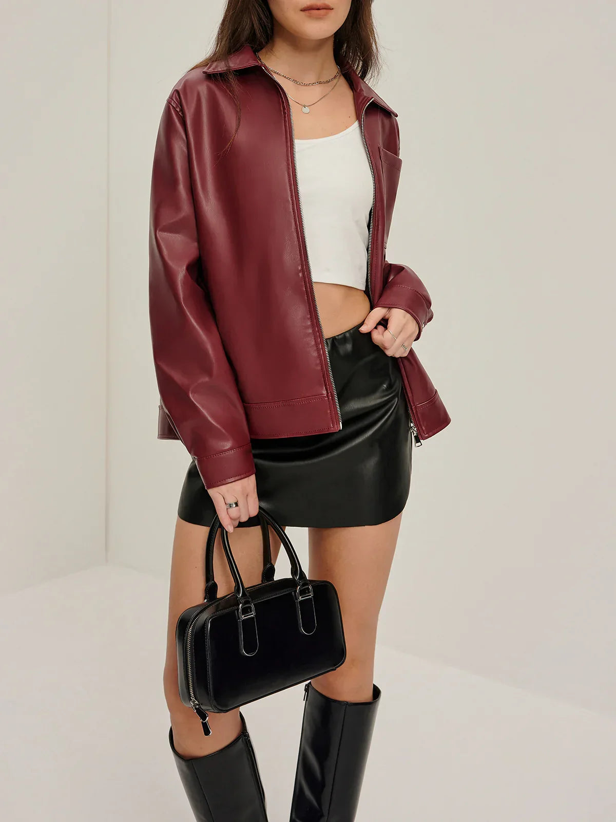 Lapel Zipper PU Leather Jacket - LA FEMME WANDERER