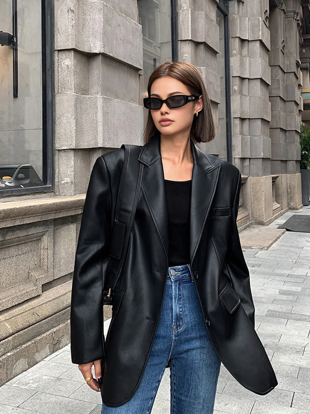 Lapel Pockets Leather Blazer - LA FEMME WANDERER