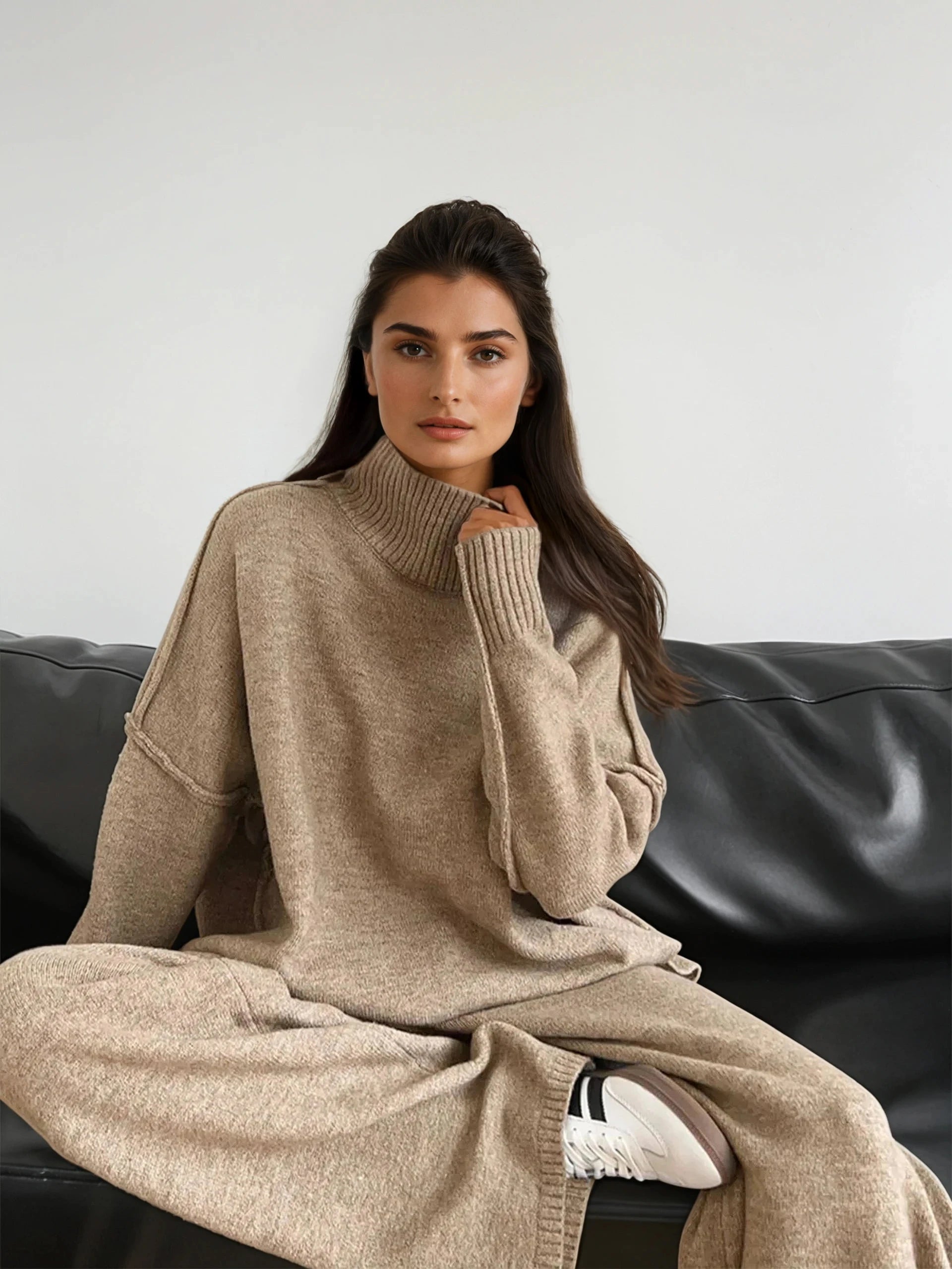 Plain Turtleneck Knit and Pants Set - LA FEMME WANDERER