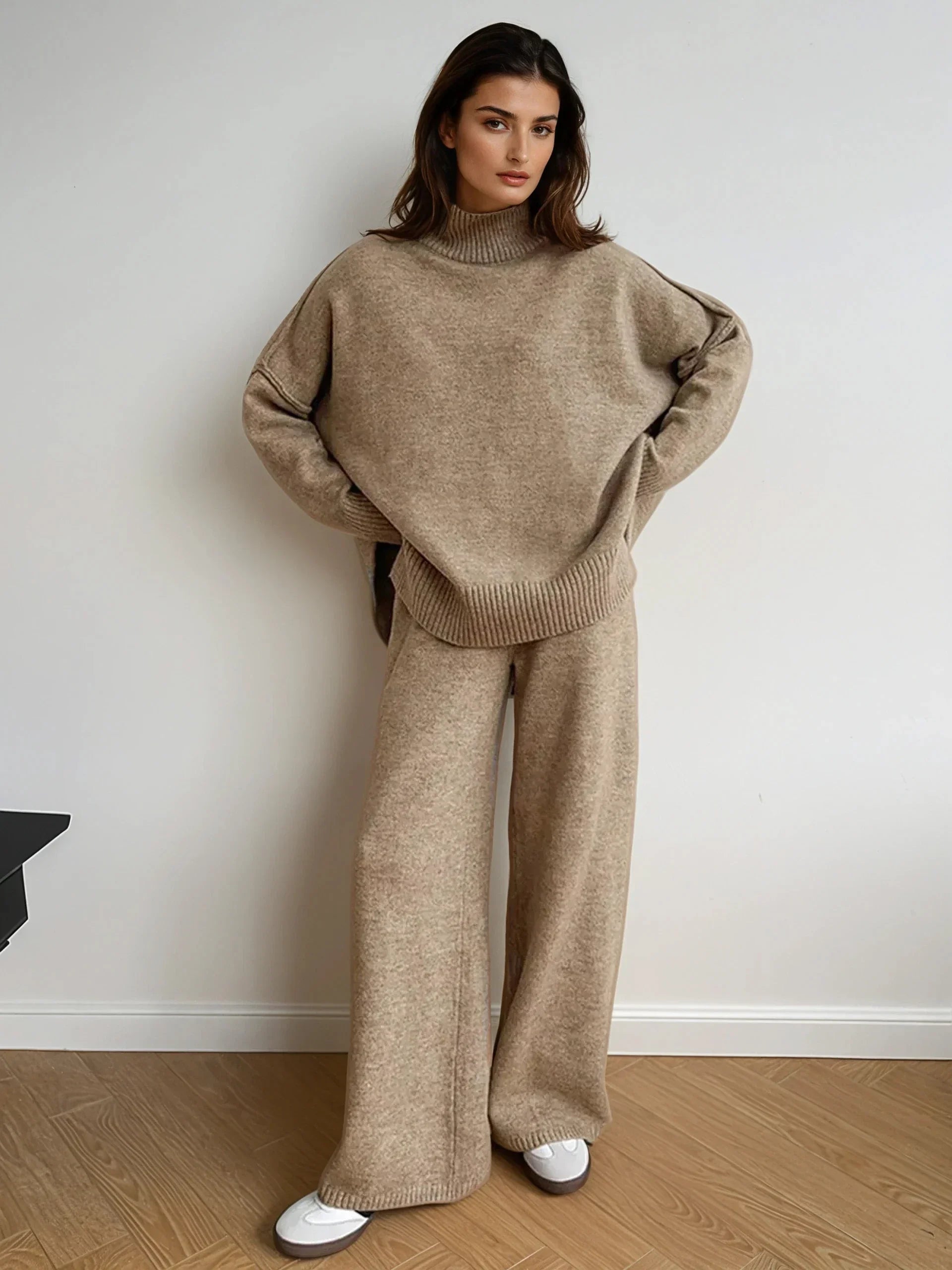 Plain Turtleneck Knit and Pants Set - LA FEMME WANDERER