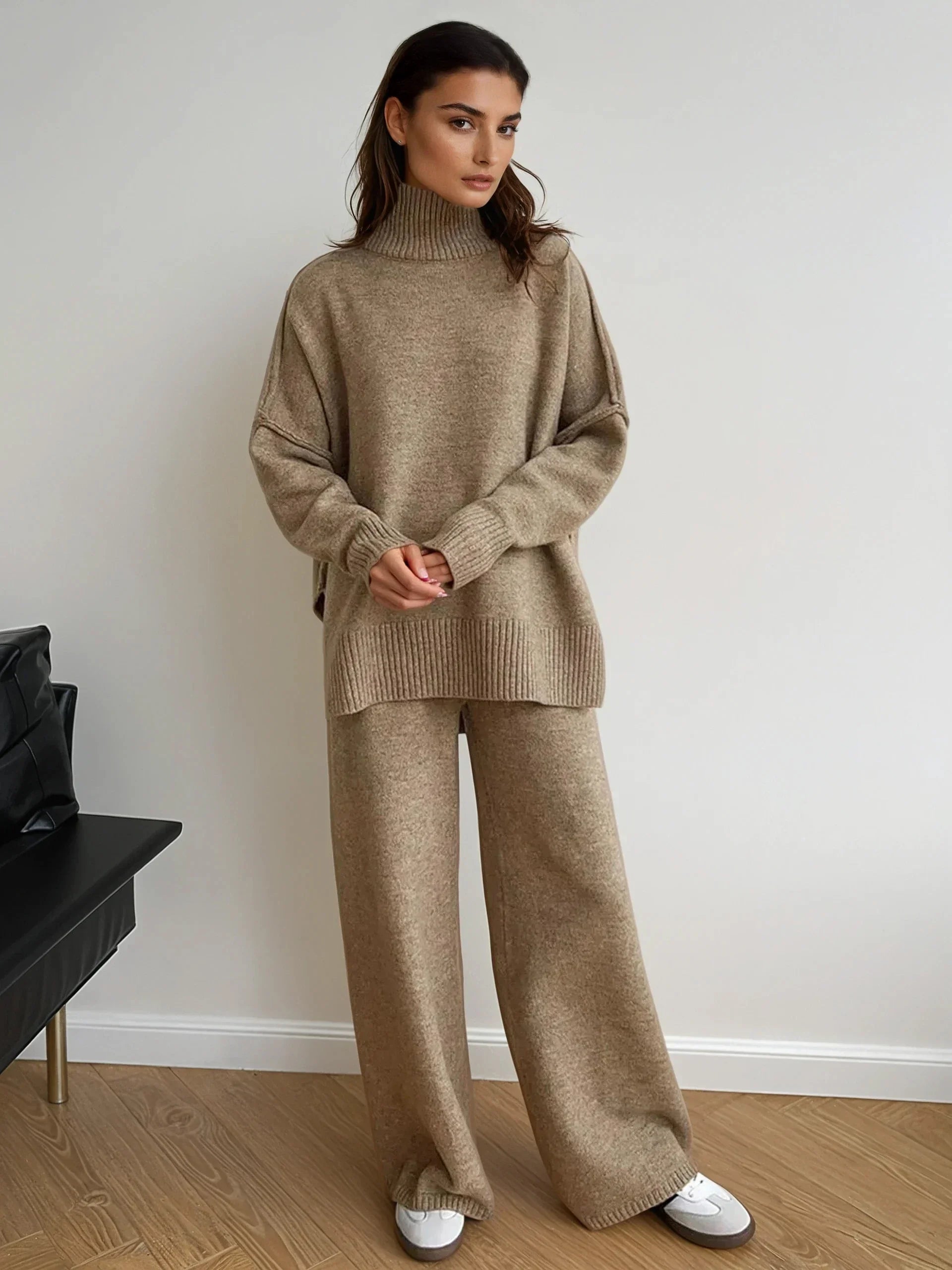 Plain Turtleneck Knit and Pants Set - LA FEMME WANDERER