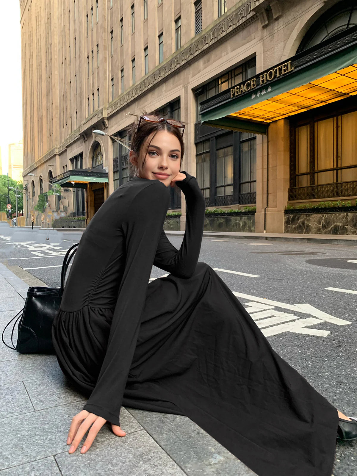 Plain Long Sleeve Pleated Dress - LA FEMME WANDERER