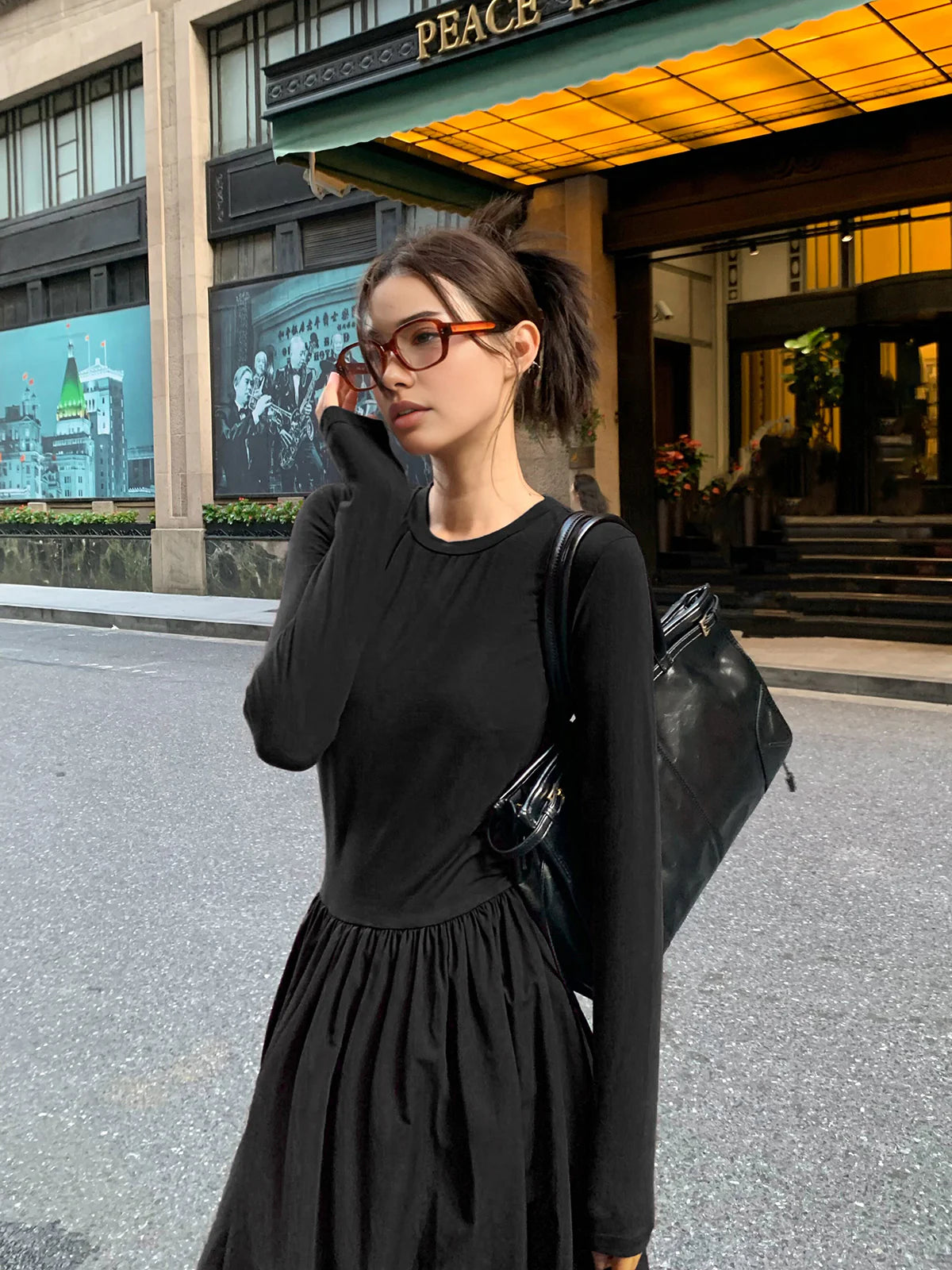 Plain Long Sleeve Pleated Dress - LA FEMME WANDERER