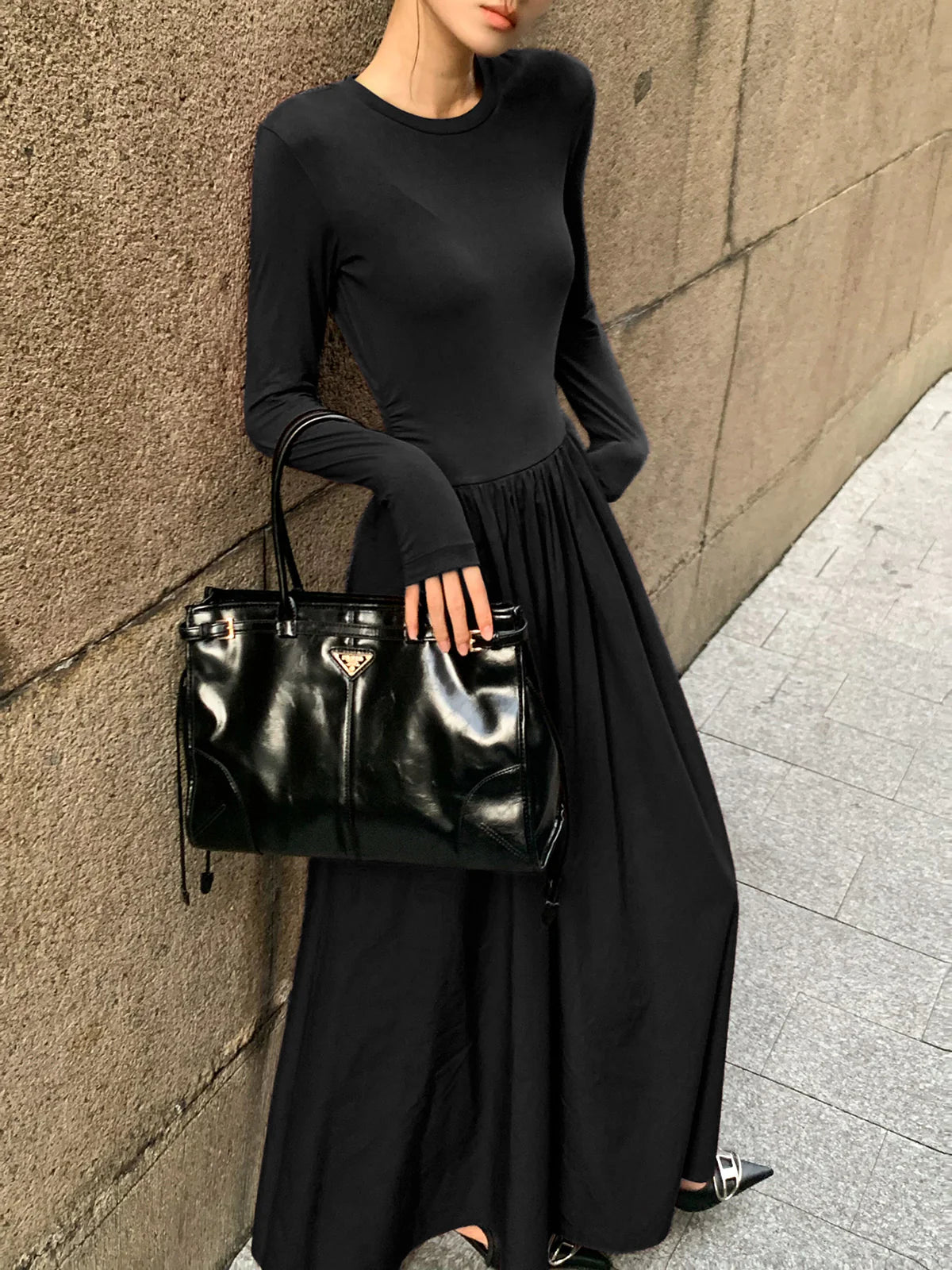 Plain Long Sleeve Pleated Dress - LA FEMME WANDERER