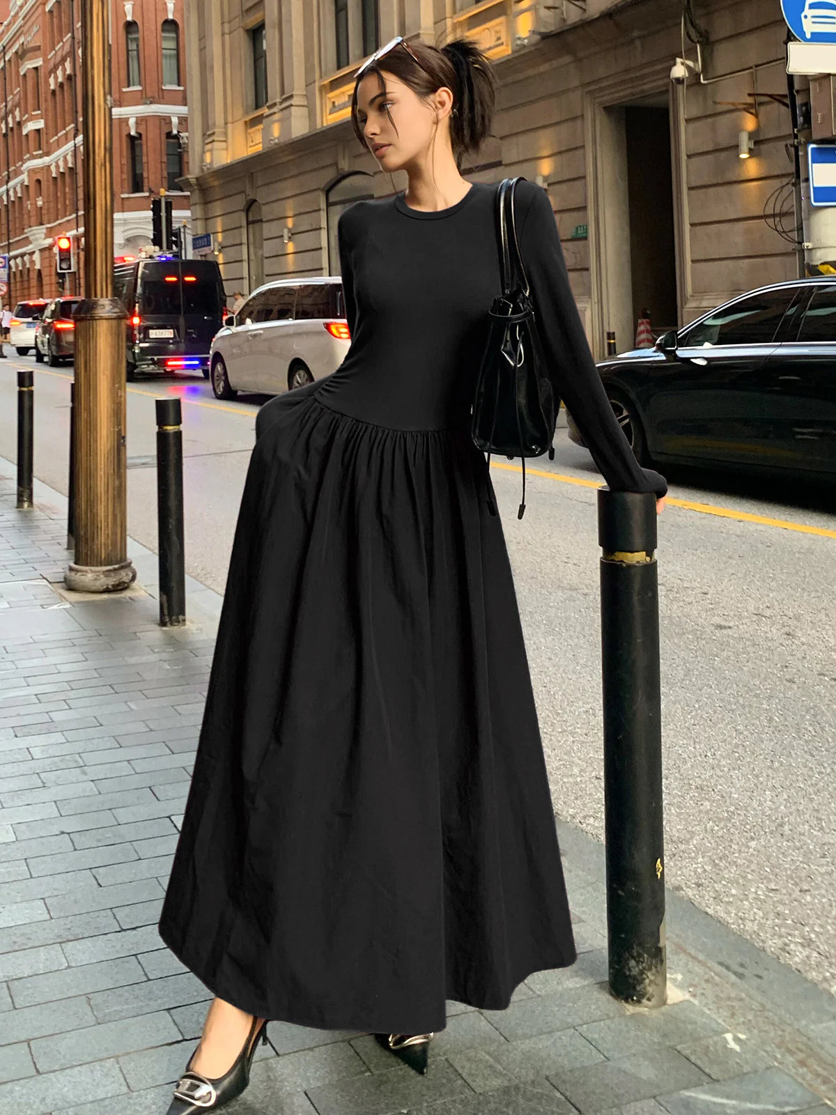 Plain Long Sleeve Pleated Dress - LA FEMME WANDERER