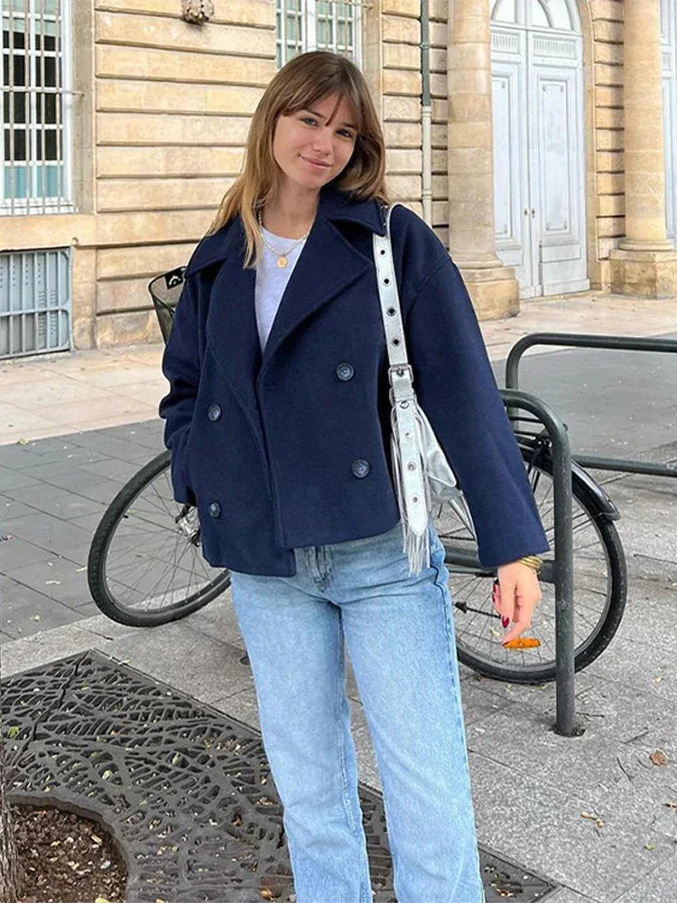 Wool Blend Lapel Double Breasted Long Sleeve Coat - LA FEMME WANDERER