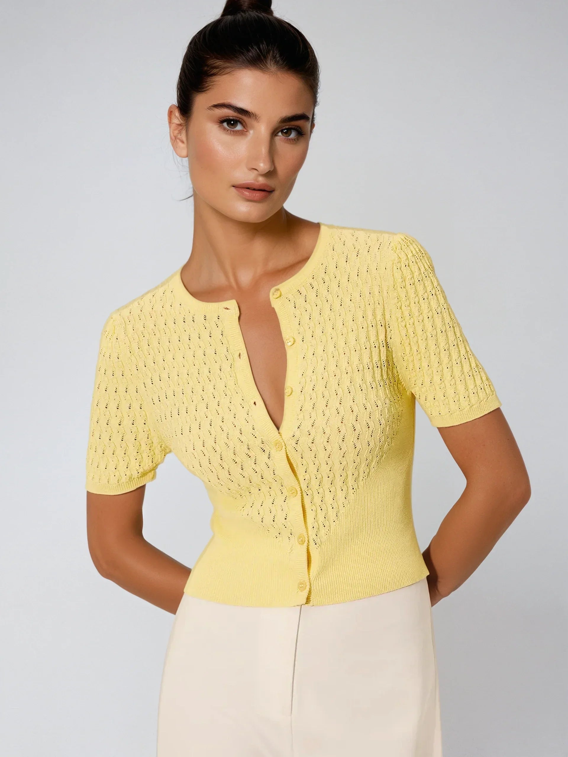 Sweet Lemon Hollow Knit Buttoned Top - LA FEMME WANDERER