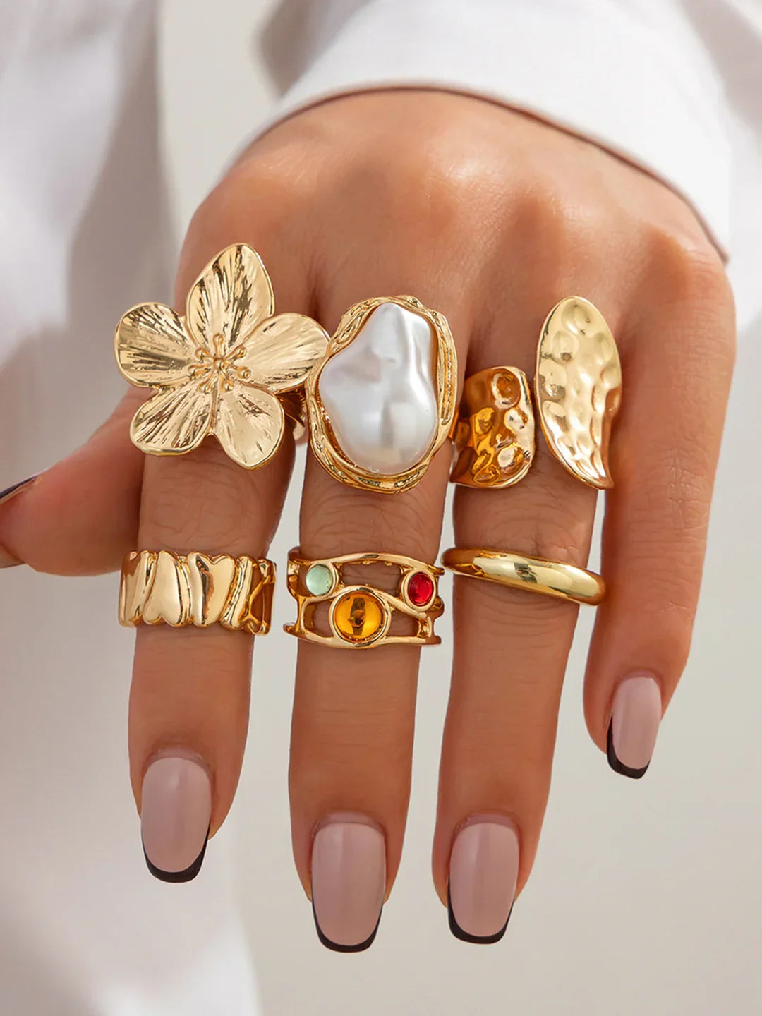 Six-Piece Statement Ring Set With Pearl & Floral Accents - LA FEMME WANDERER