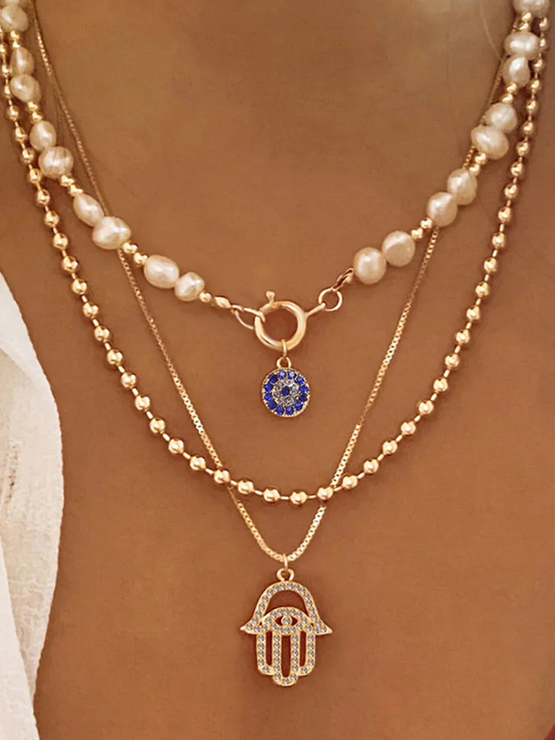 Pearl & Hamsa Hand Multi-Layer Necklace Set - LA FEMME WANDERER
