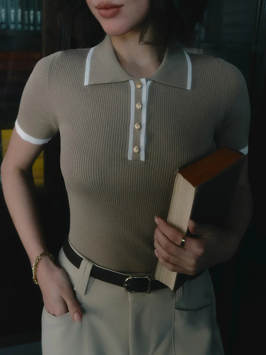 Contrast Trim Metal Button Knit Top - LA FEMME WANDERER