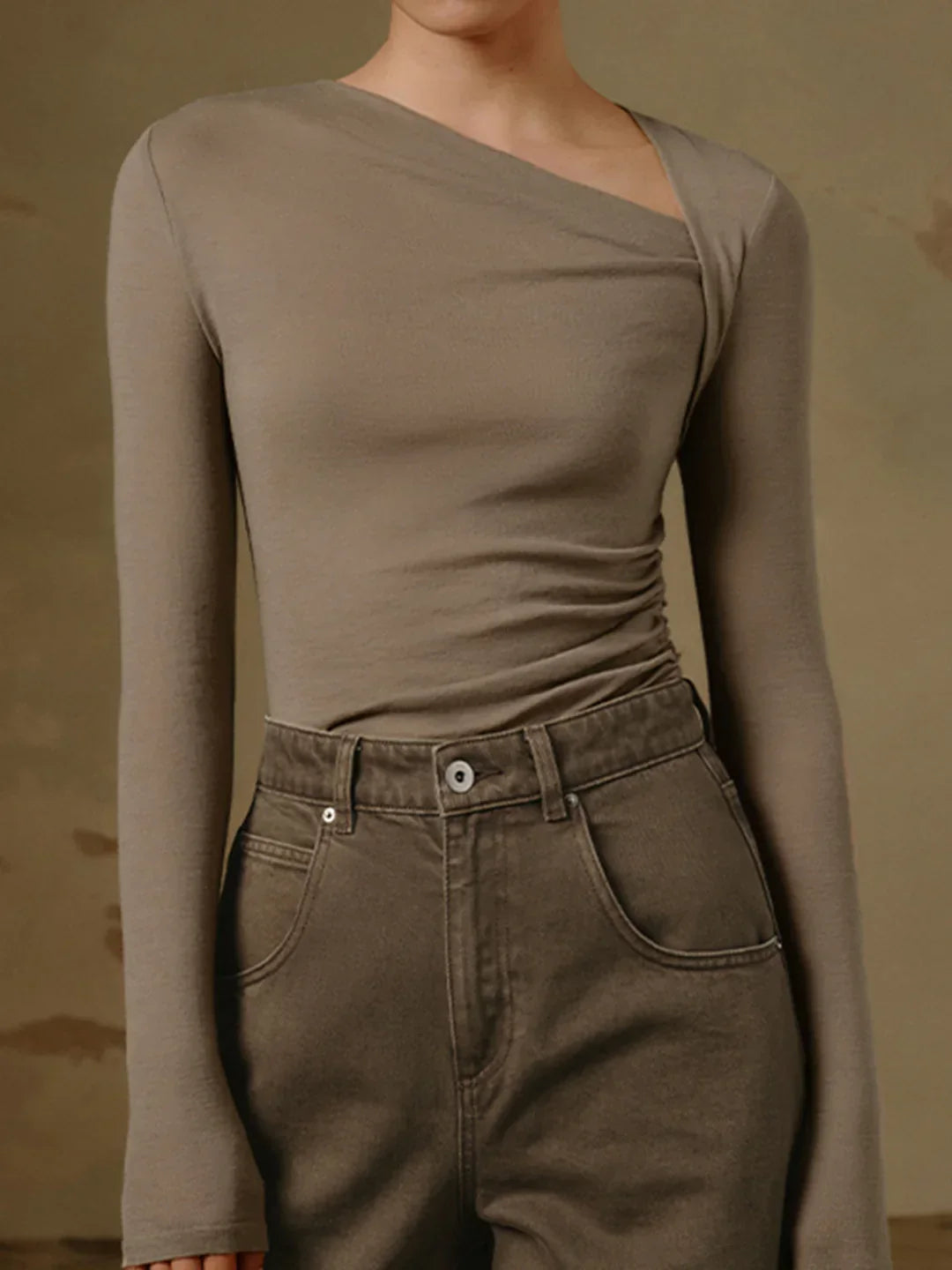 Ribbed Knit Long Sleeve Asymmetric Shirt - LA FEMME WANDERER