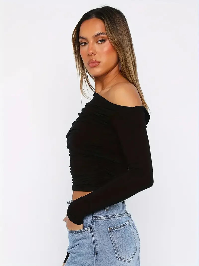 Effortless Style Long Sleeve One-shoulder Top - LA FEMME WANDERER