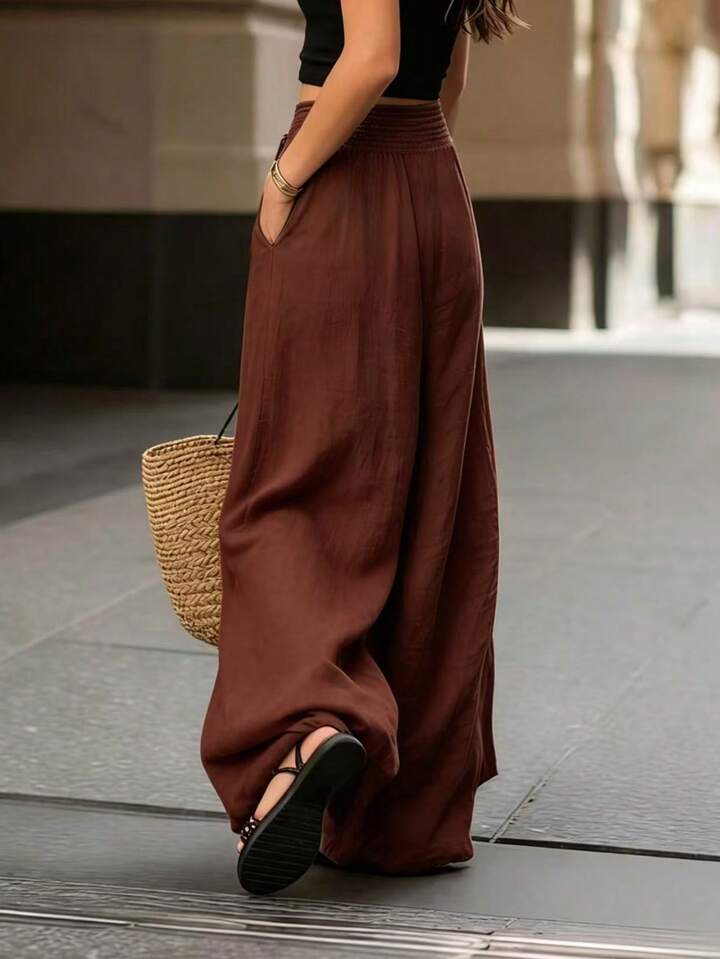 Casual Style Elastic Waist Wide Leg Pants