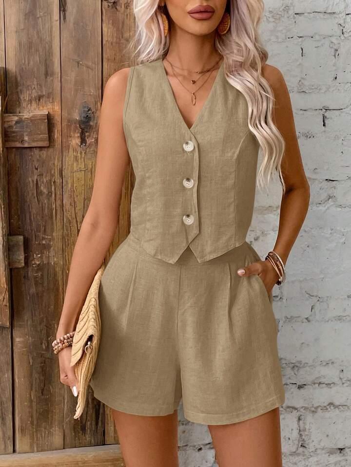 Linen Single-Breasted Button Vest And Shorts Set - LA FEMME WANDERER