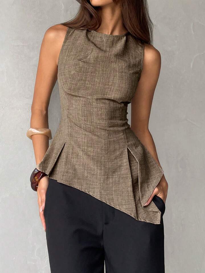 Modern Sleeveless Peplum Blouse with Elegant Asymmetric Hem