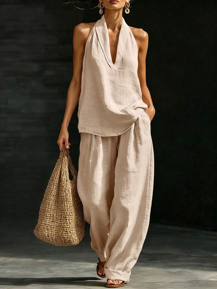 Elegant Style Halter Top & Wide-Leg Pants Co-Ord