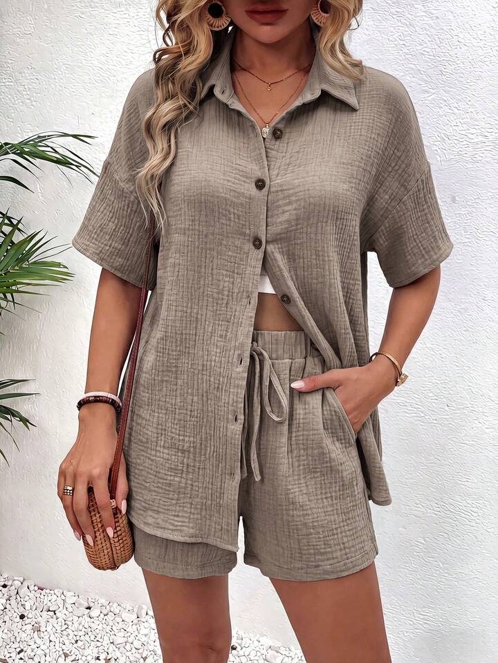 Cotton Button-Up Shirt with Comfortable Elastic-Waist Shorts