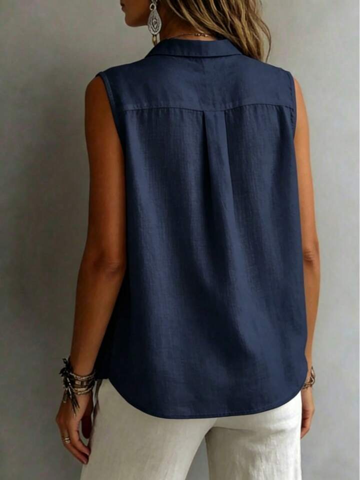 Quiet Luxury Button-Up Top – Minimalist Sleeveless Blouse for Timeless Wardrobe Staples