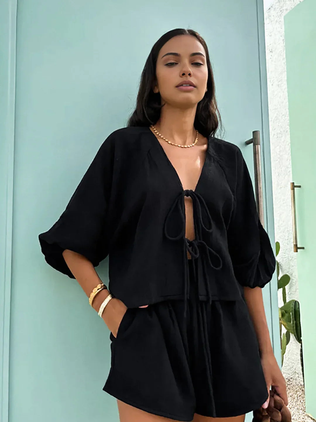 Cotton Tie-Front Long Sleeve Shorts Matching Set - LA FEMME WANDERER