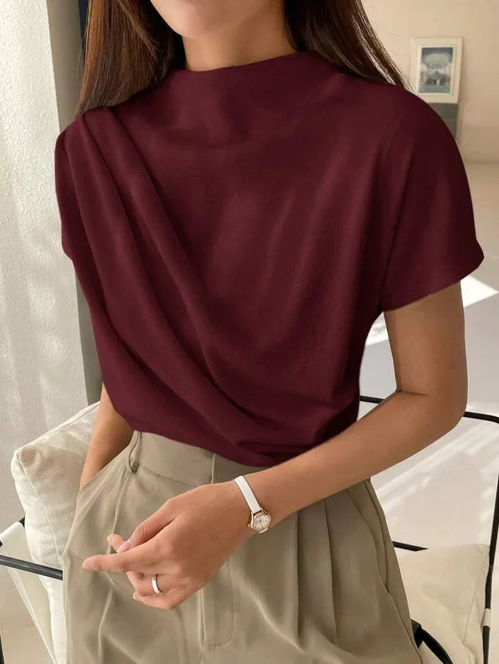 Casual Chic Solid Color Funnel Neck Blouse - LA FEMME WANDERER